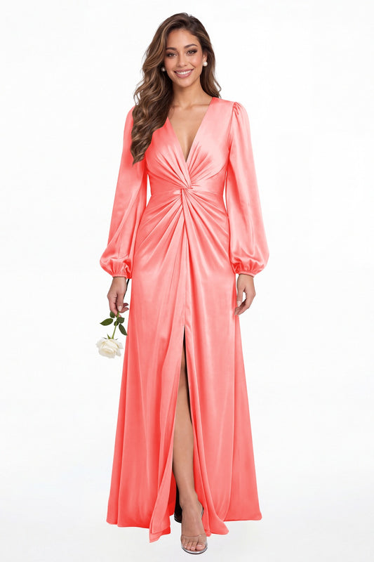 Coral V-Neck Long Sleeve Satin Slit Maxi Gown - Front View