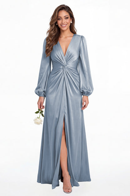 Dusty Blue V-Neck Long Sleeve Satin Slit Maxi Gown - Front View