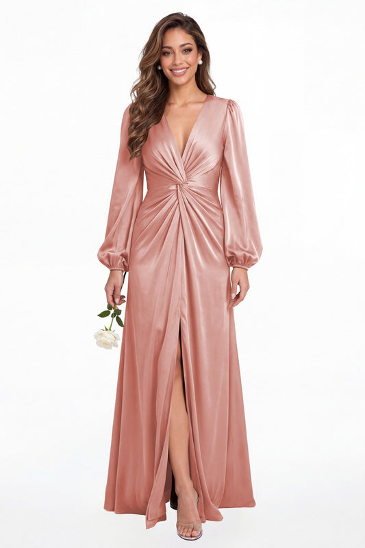Dusty Rose V-Neck Long Sleeve Satin Slit Maxi Gown - Front View