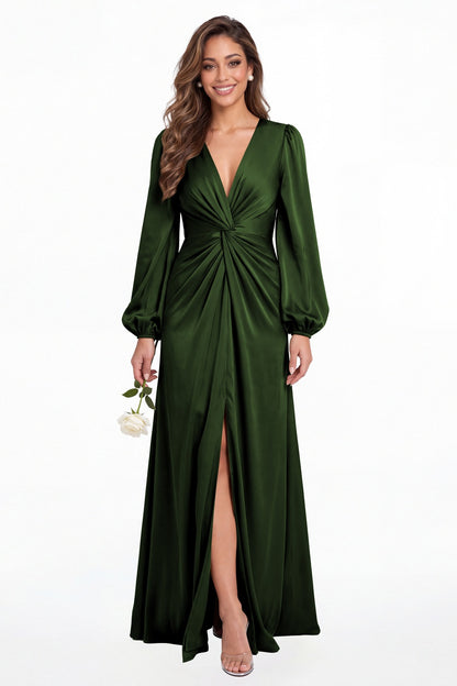 Emerald Green V-Neck Long Sleeve Satin Slit Maxi Gown - Front View