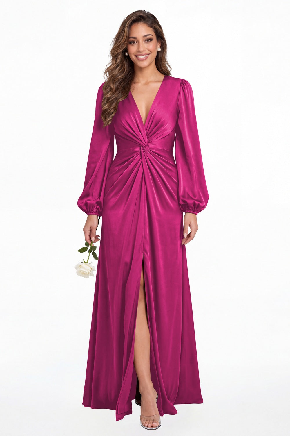 Fuchsia V-Neck Long Sleeve Satin Slit Maxi Gown - Front View