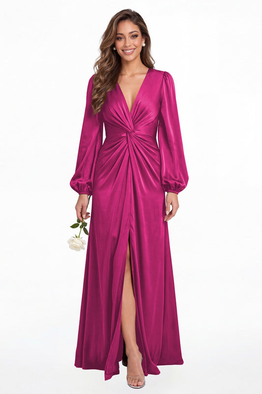 Fuchsia V-Neck Long Sleeve Satin Slit Maxi Gown - Front View