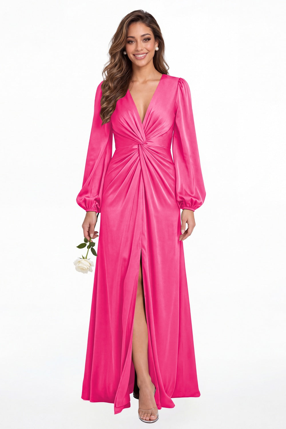 Hot Pink V-Neck Long Sleeve Satin Slit Maxi Gown - Front View