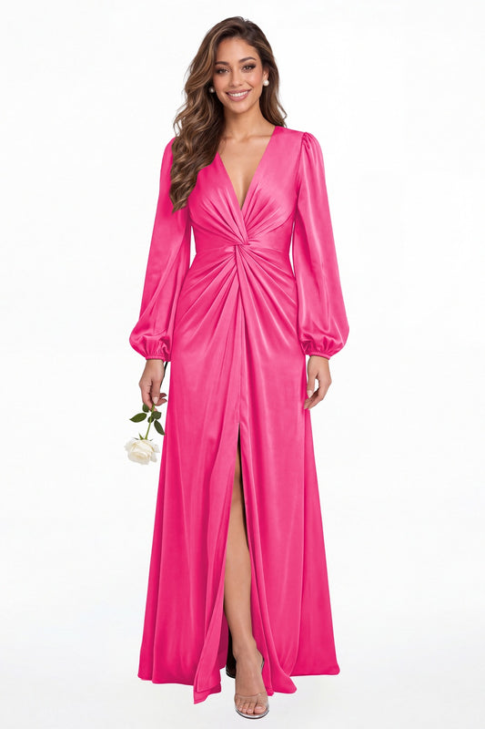 Hot Pink V-Neck Long Sleeve Satin Slit Maxi Gown - Front View