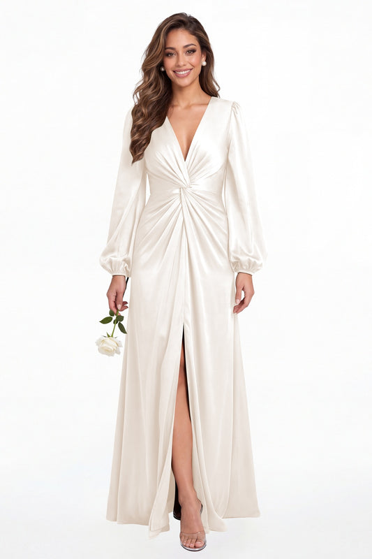Ivory V-Neck Long Sleeve Satin Slit Maxi Gown - Front View