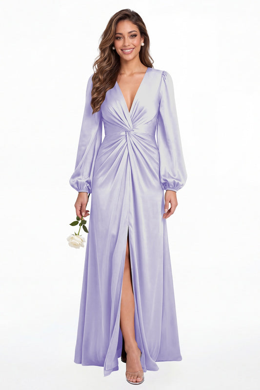 Lavender V-Neck Long Sleeve Satin Slit Maxi Gown - Front View