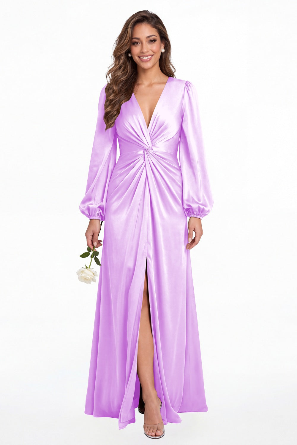 Lilac V-Neck Long Sleeve Satin Slit Maxi Gown - Front View