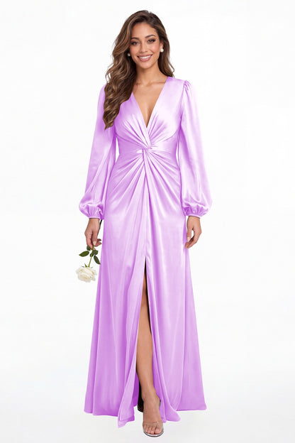Lilac V-Neck Long Sleeve Satin Slit Maxi Gown - Front View