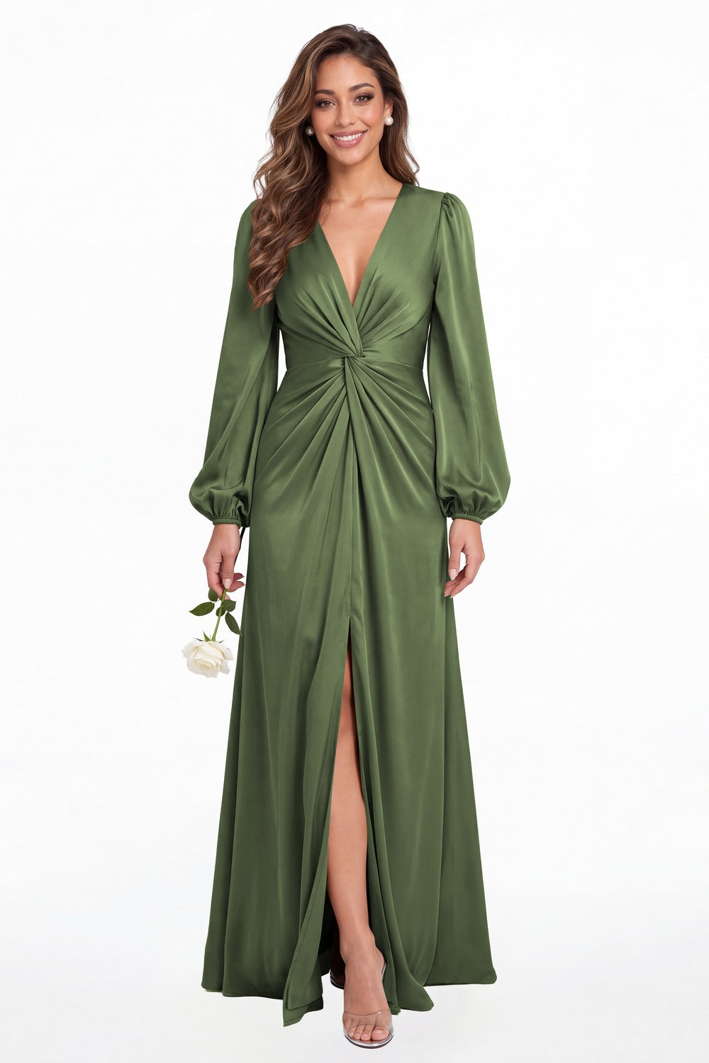 Moss Green V-Neck Long Sleeve Satin Slit Maxi Gown - Front View