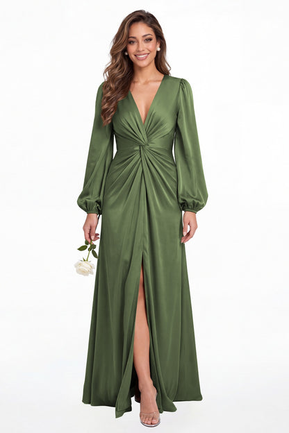 Moss Green V-Neck Long Sleeve Satin Slit Maxi Gown - Front View