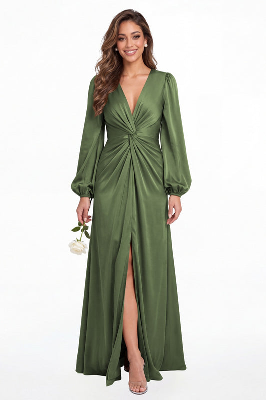 Moss Green V-Neck Long Sleeve Satin Slit Maxi Gown - Front View