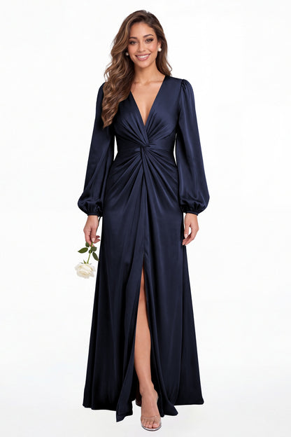 Navy Blue V-Neck Long Sleeve Satin Slit Maxi Gown - Front View