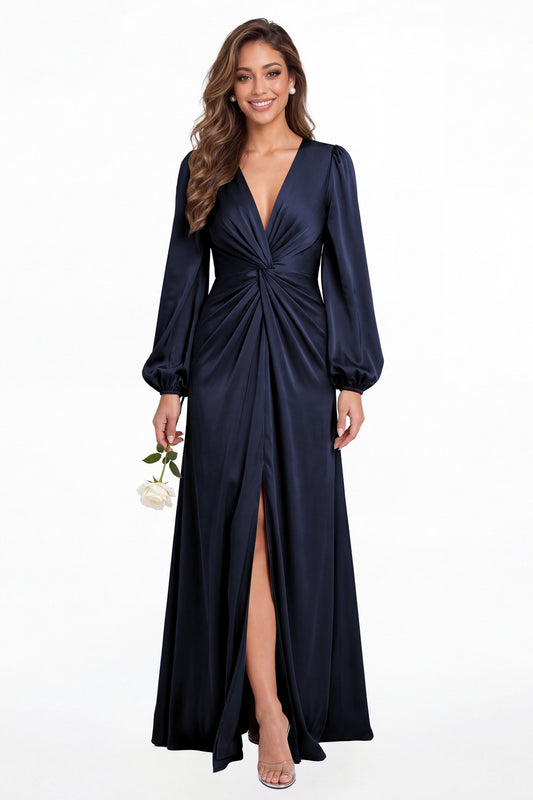 Navy Blue V-Neck Long Sleeve Satin Slit Maxi Gown - Front View