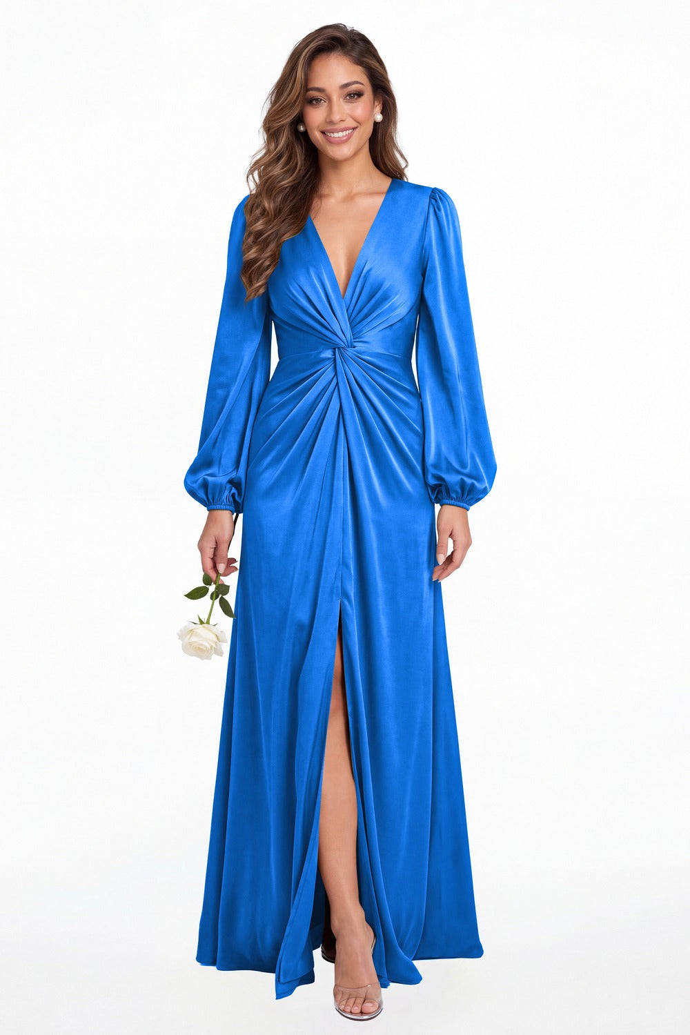 Ocean Blue V-Neck Long Sleeve Satin Slit Maxi Gown - Front View