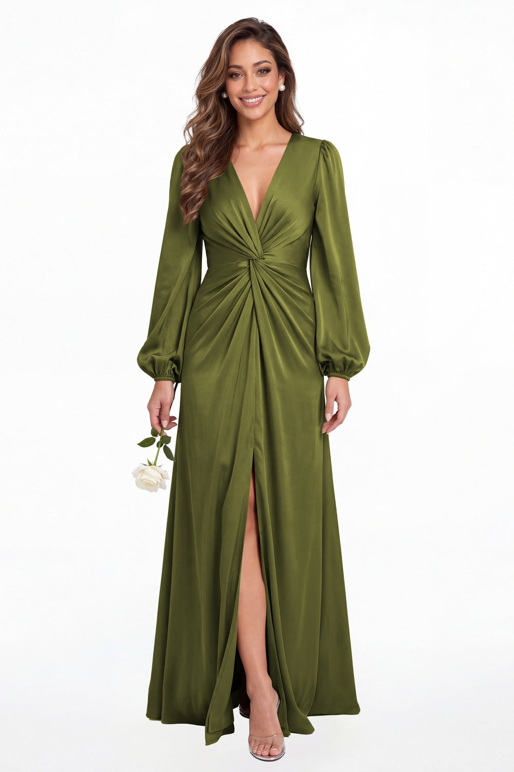 Olive Green V-Neck Long Sleeve Satin Slit Maxi Gown - Front View
