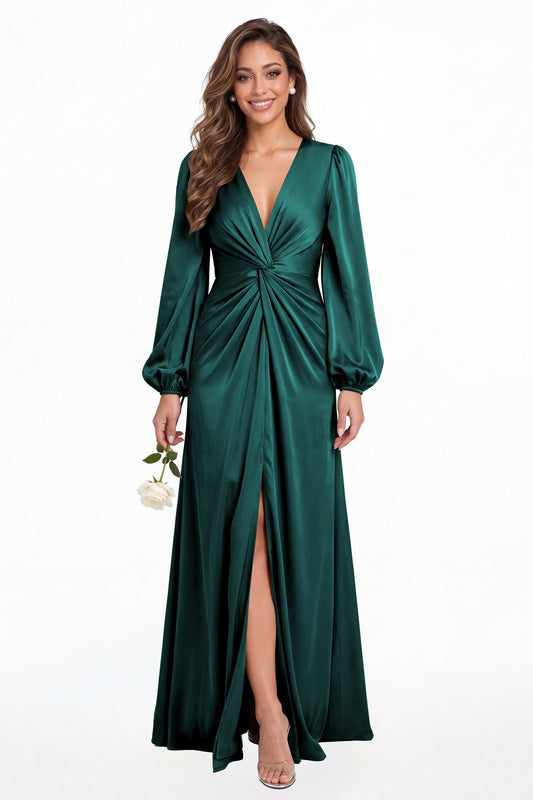 Peacock V-Neck Long Sleeve Satin Slit Maxi Gown - Front View