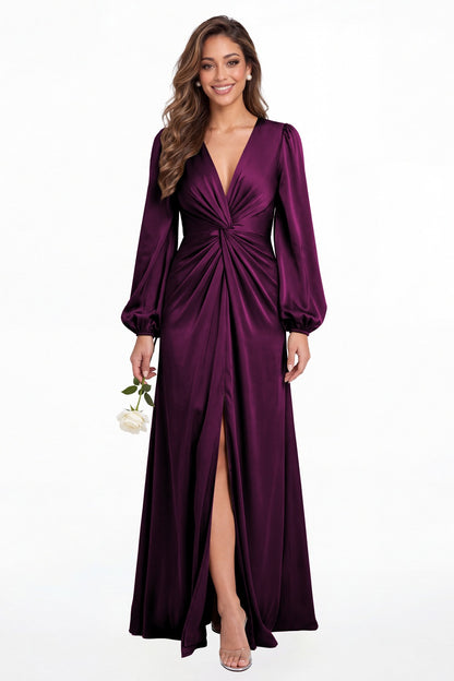 Plum V-Neck Long Sleeve Satin Slit Maxi Gown - Front View