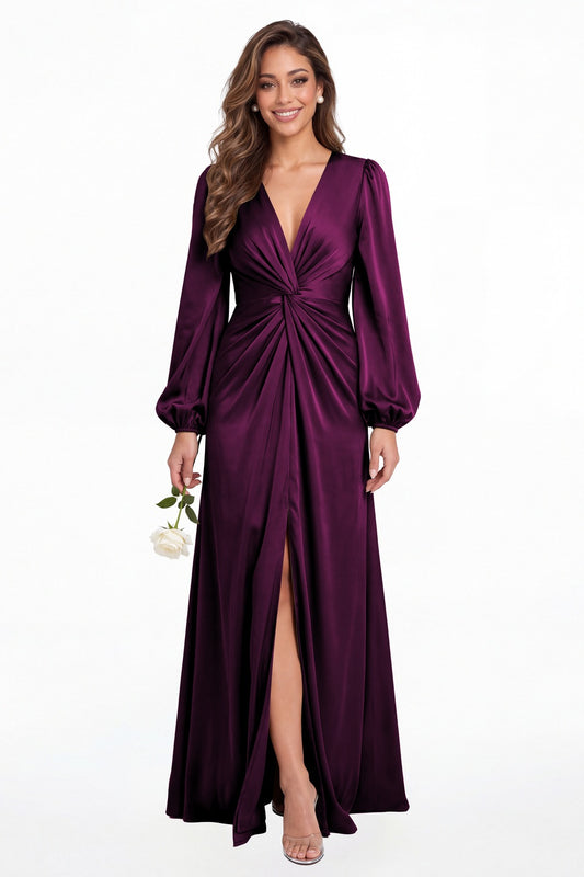 Plum V-Neck Long Sleeve Satin Slit Maxi Gown - Front View