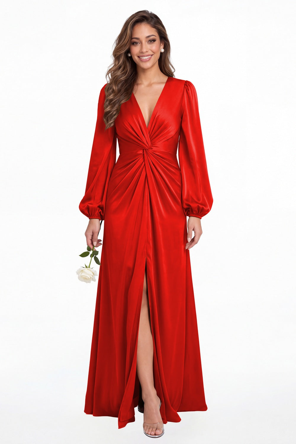 Red V-Neck Long Sleeve Satin Slit Maxi Gown - Front View