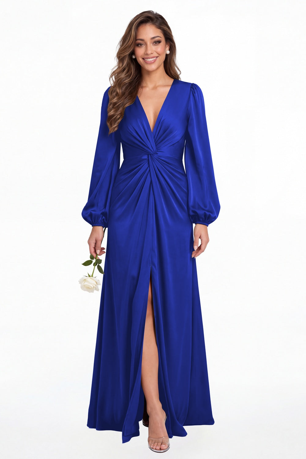 Royal Blue V-Neck Long Sleeve Satin Slit Maxi Gown - Front View