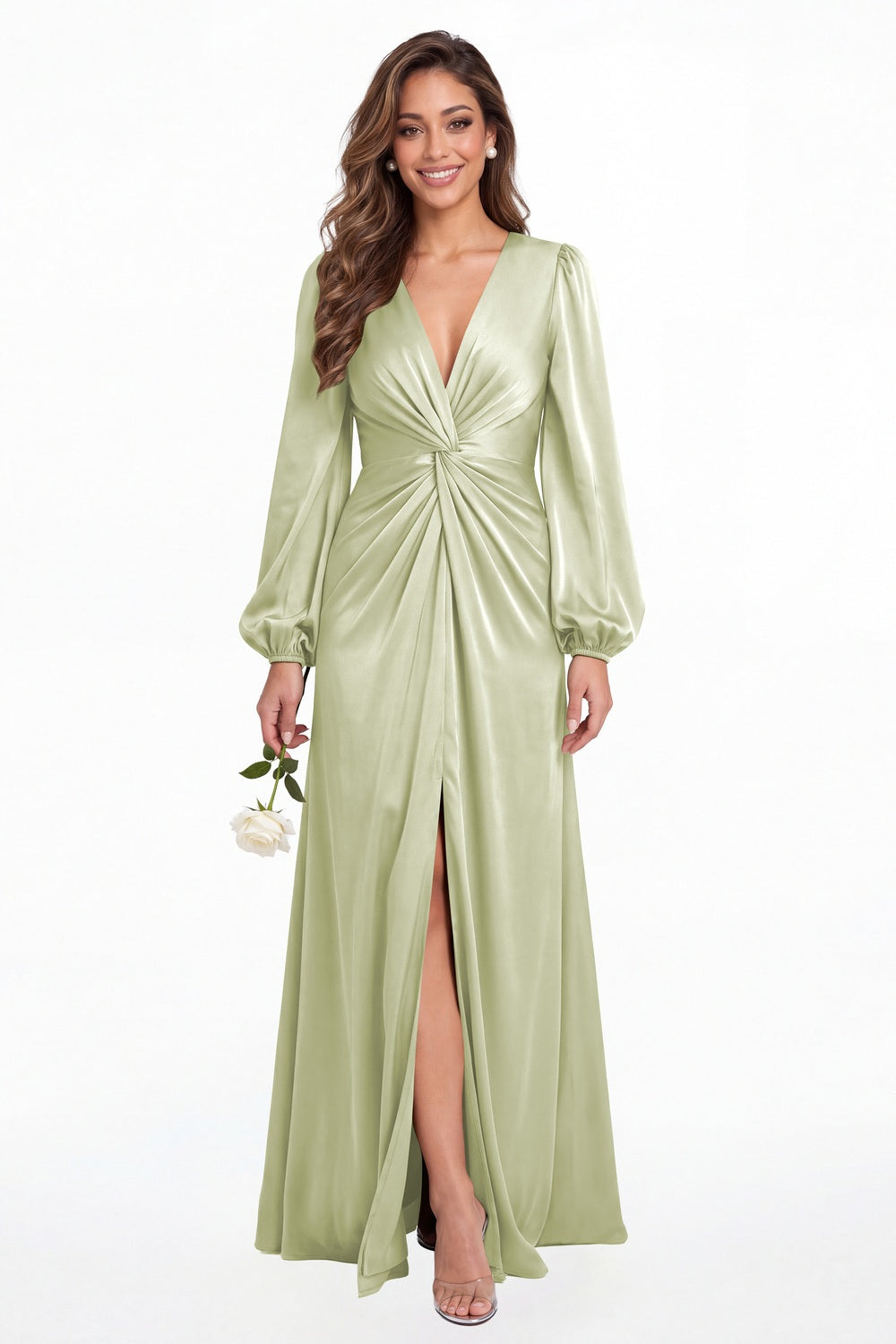 Sage Green V-Neck Long Sleeve Satin Slit Maxi Gown - Front View