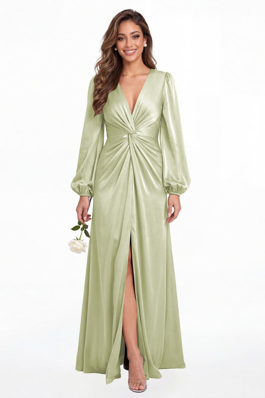 Sage Green V-Neck Long Sleeve Satin Slit Maxi Gown - Front View