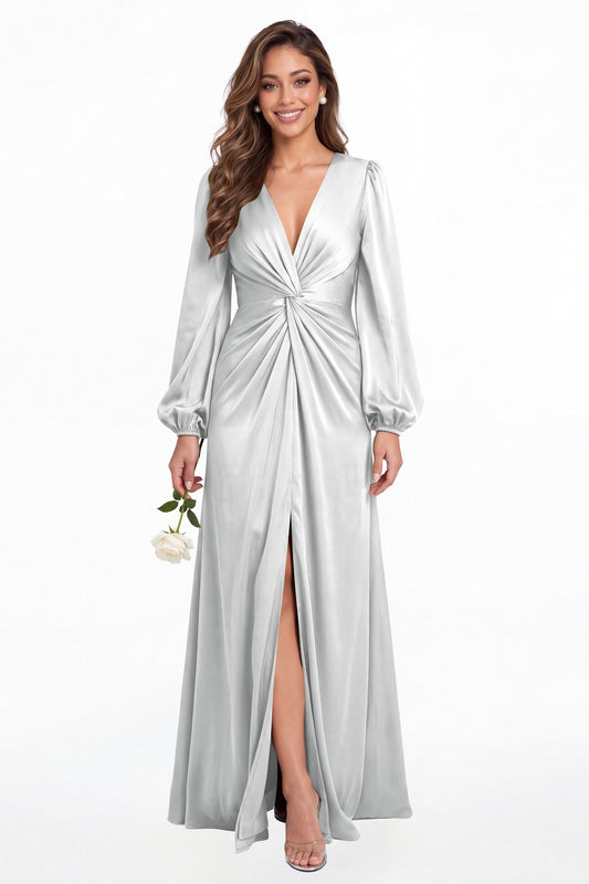 Silver V-Neck Long Sleeve Satin Slit Maxi Gown - Front View