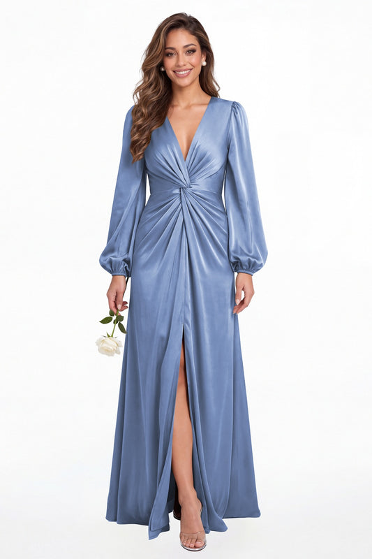 Steel Blue V-Neck Long Sleeve Satin Slit Maxi Gown - Front View