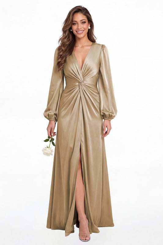 Taupe V-Neck Long Sleeve Satin Slit Maxi Gown - Front View
