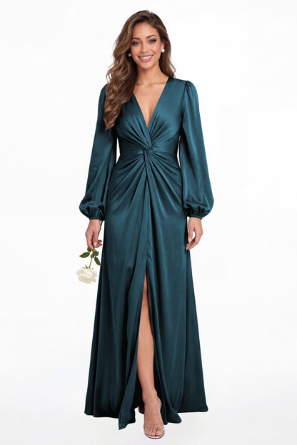 Teal V-Neck Long Sleeve Satin Slit Maxi Gown - Front View