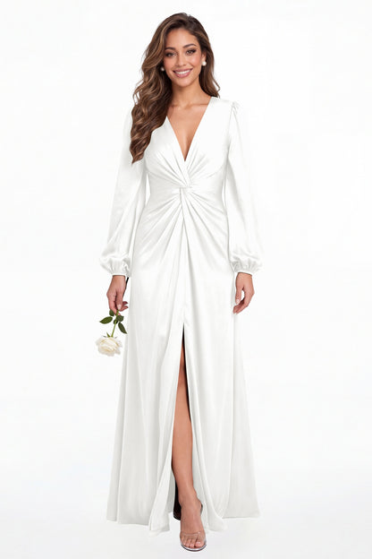 White V-Neck Long Sleeve Satin Slit Maxi Gown - Front View