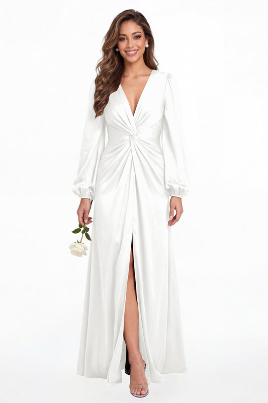 White V-Neck Long Sleeve Satin Slit Maxi Gown - Front View