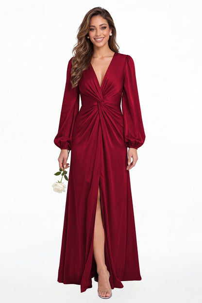 Wine Red V-Neck Long Sleeve Satin Slit Maxi Gown - Front View