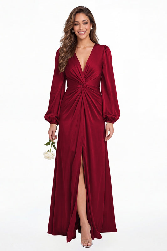 Wine Red V-Neck Long Sleeve Satin Slit Maxi Gown - Front View