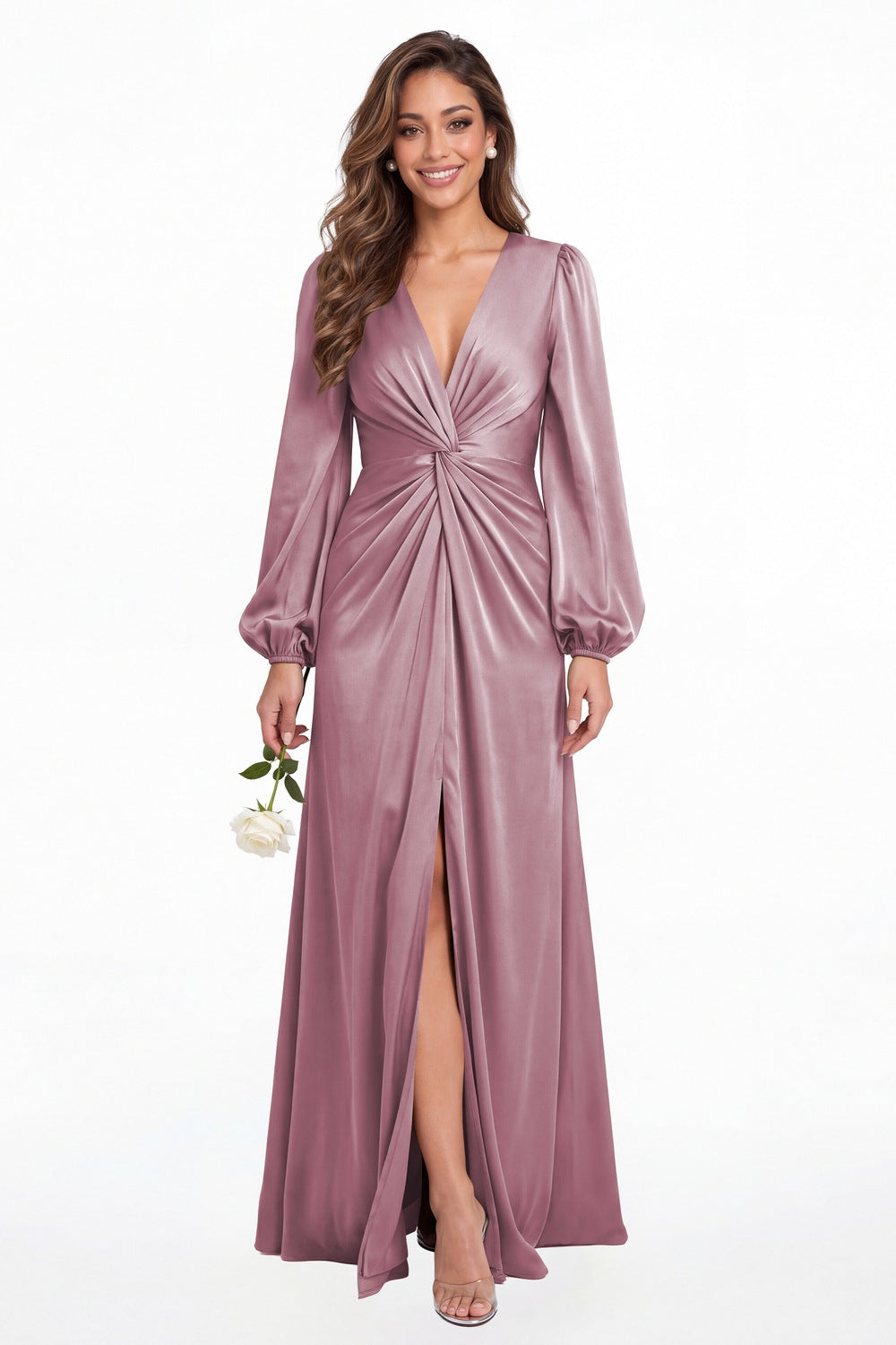 Wisteria V-Neck Long Sleeve Satin Slit Maxi Gown - Front View