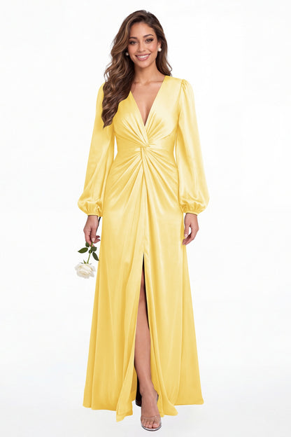 Yellow V-Neck Long Sleeve Satin Slit Maxi Gown - Front View