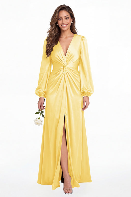 Yellow V-Neck Long Sleeve Satin Slit Maxi Gown - Front View