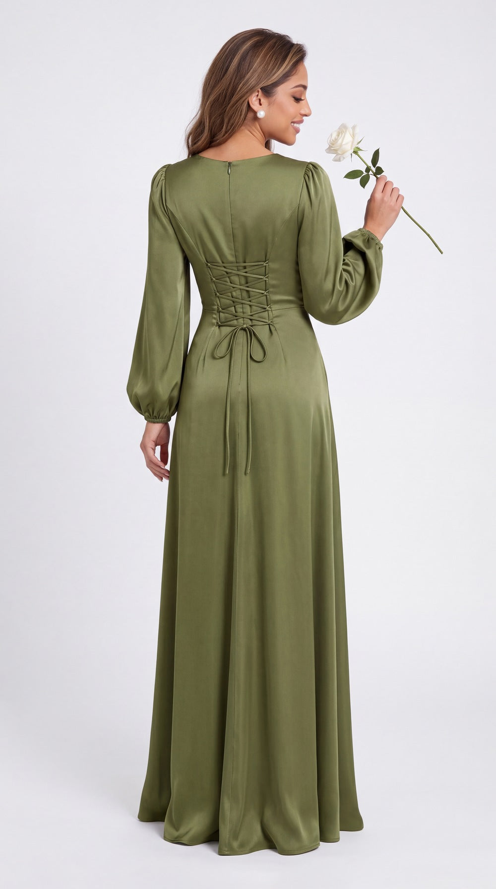 V-Neck Long Sleeve Satin Slit Maxi Gown - Back View