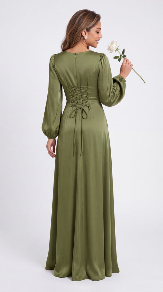 V-Neck Long Sleeve Satin Slit Maxi Gown - Back View