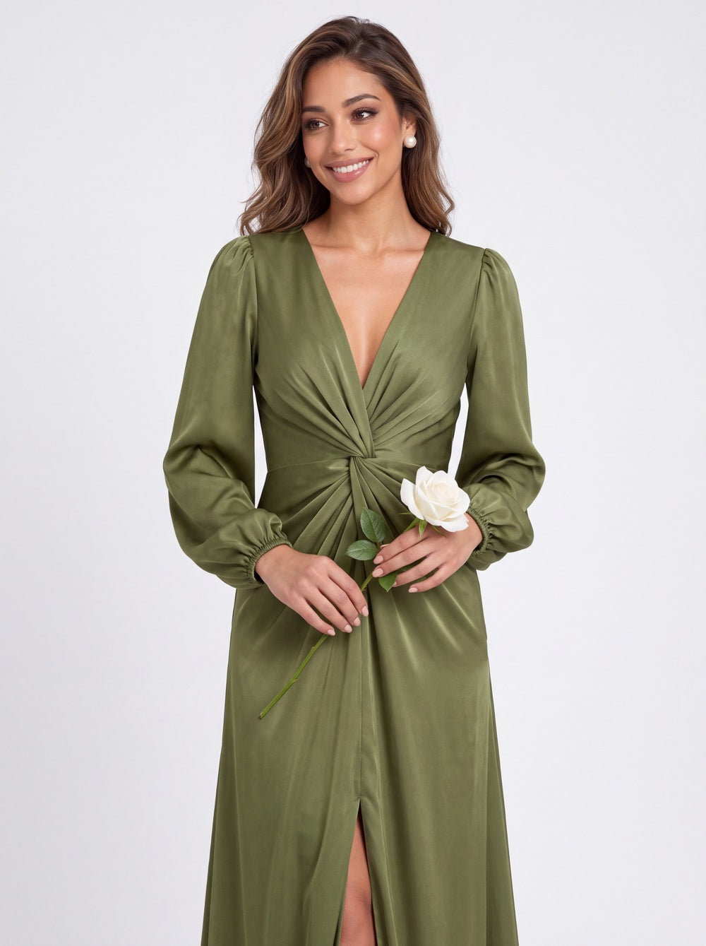 V-Neck Long Sleeve Satin Slit Maxi Gown - Detail View 1