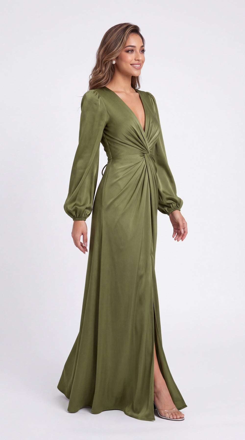 V-Neck Long Sleeve Satin Slit Maxi Gown - Detail View 2