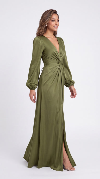 V-Neck Long Sleeve Satin Slit Maxi Gown - Detail View 2