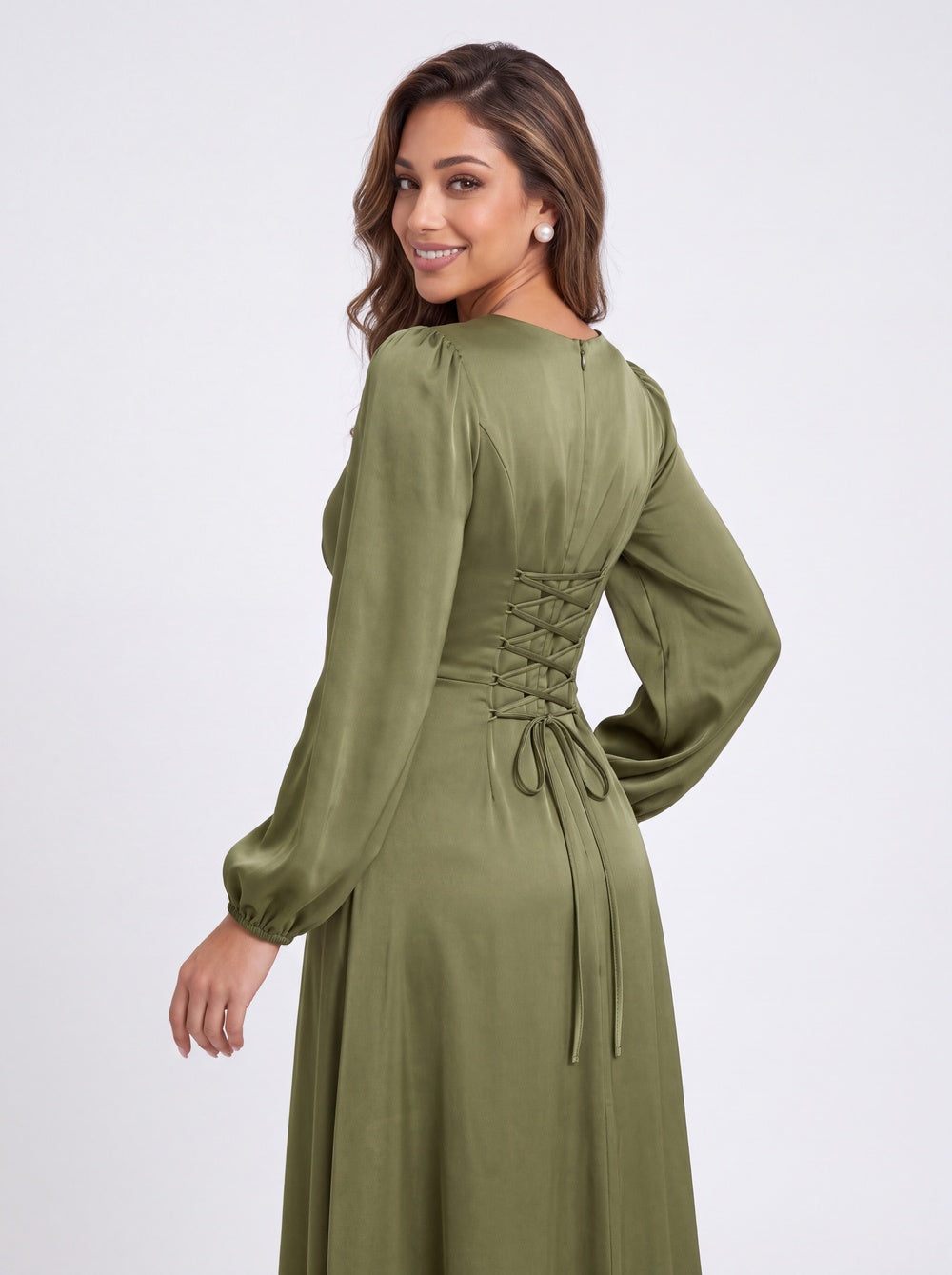 V-Neck Long Sleeve Satin Slit Maxi Gown - Detail View 3