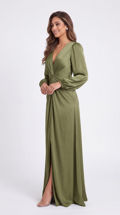 V-Neck Long Sleeve Satin Slit Maxi Gown - Detail View 4
