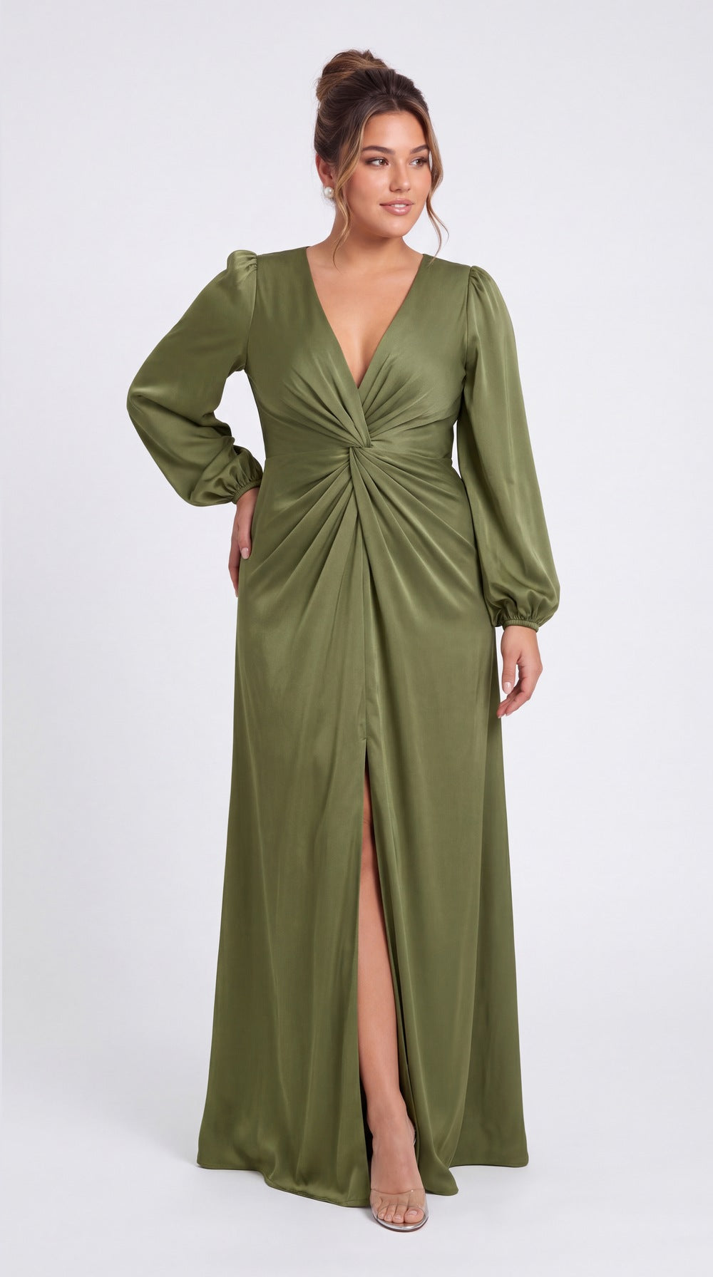 V-Neck Long Sleeve Satin Slit Maxi Gown - Detail View 5