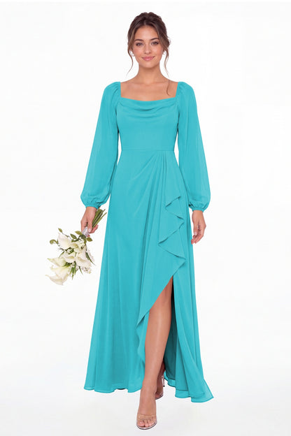 Aqua Blue Cowl Neck Long Sleeve Chiffon Slit Maxi Dress - Front View