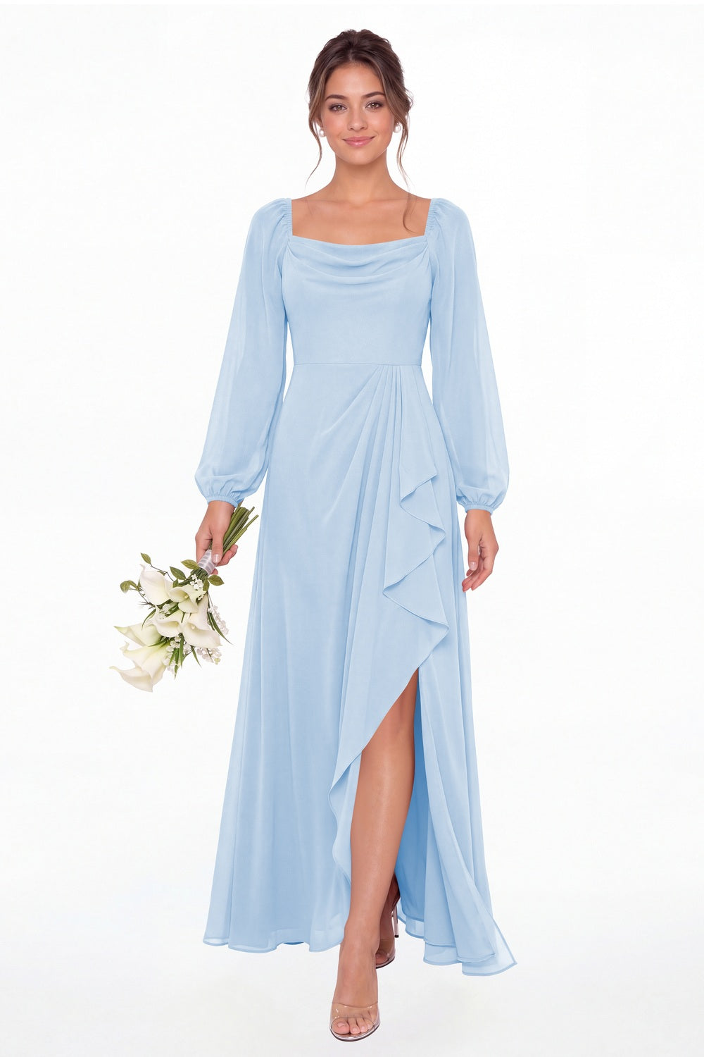 Baby Blue Cowl Neck Long Sleeve Chiffon Slit Maxi Dress - Front View