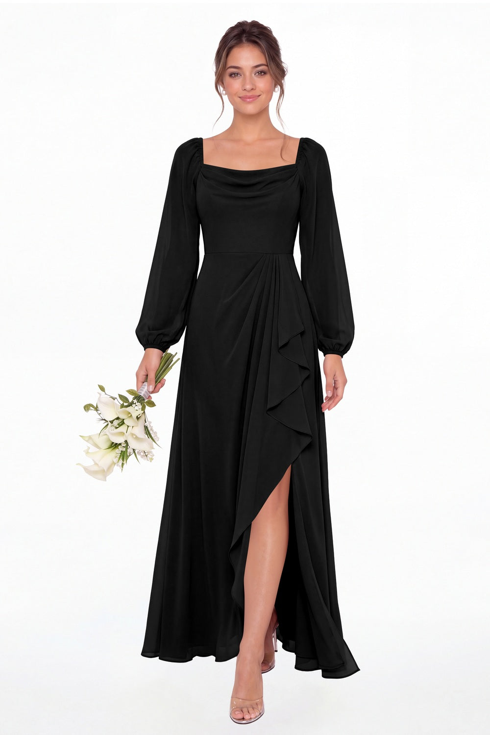 Black Cowl Neck Long Sleeve Chiffon Slit Maxi Dress - Front View