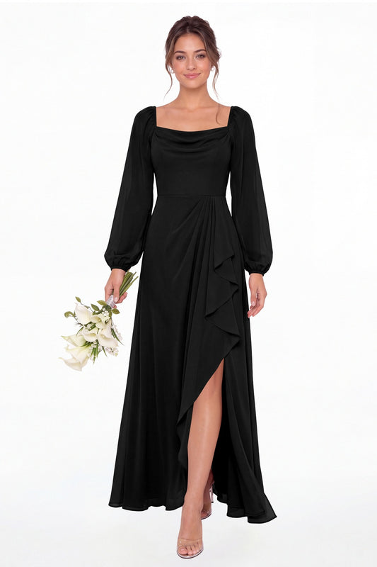 Black Cowl Neck Long Sleeve Chiffon Slit Maxi Dress - Front View
