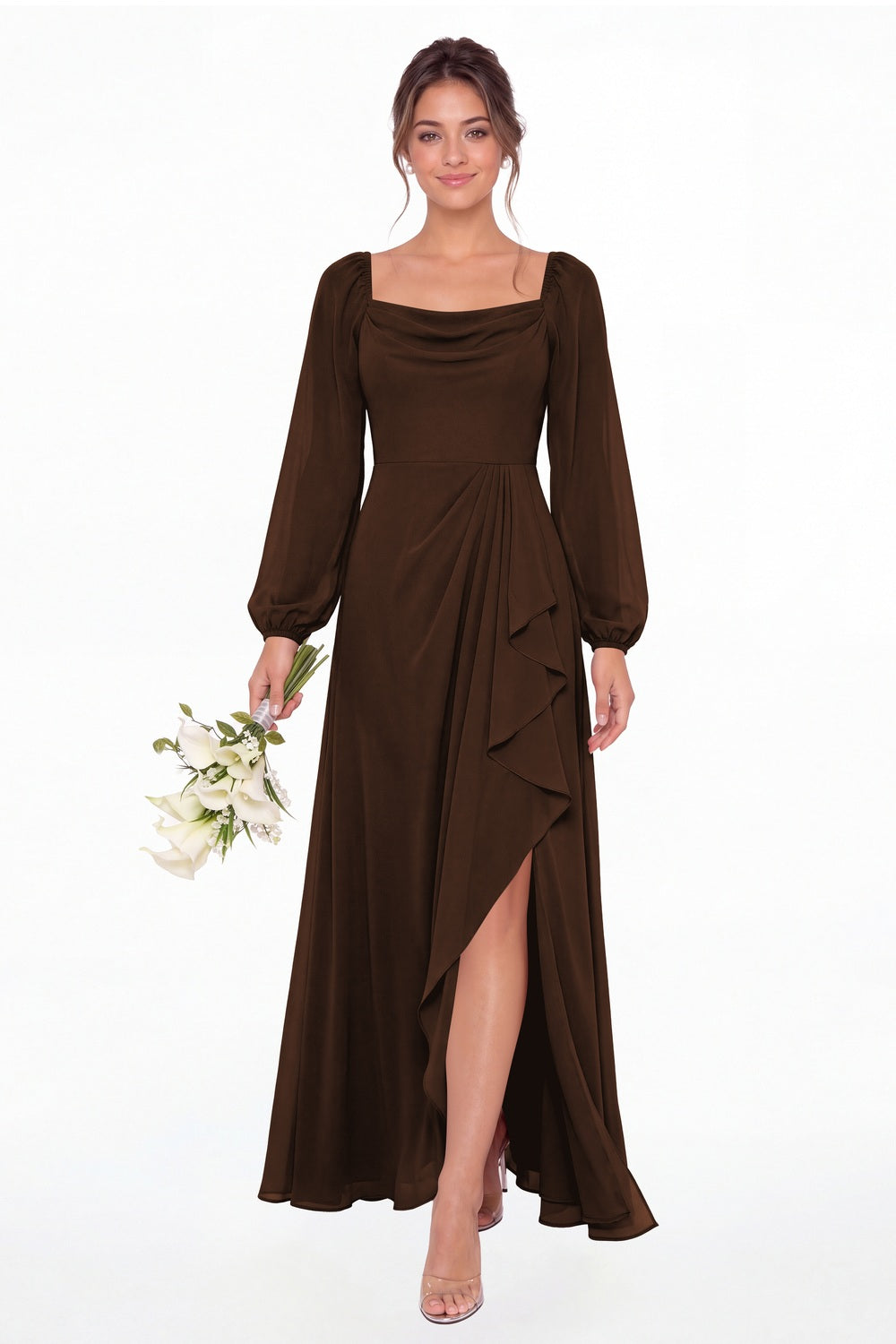 Brown Cowl Neck Long Sleeve Chiffon Slit Maxi Dress - Front View